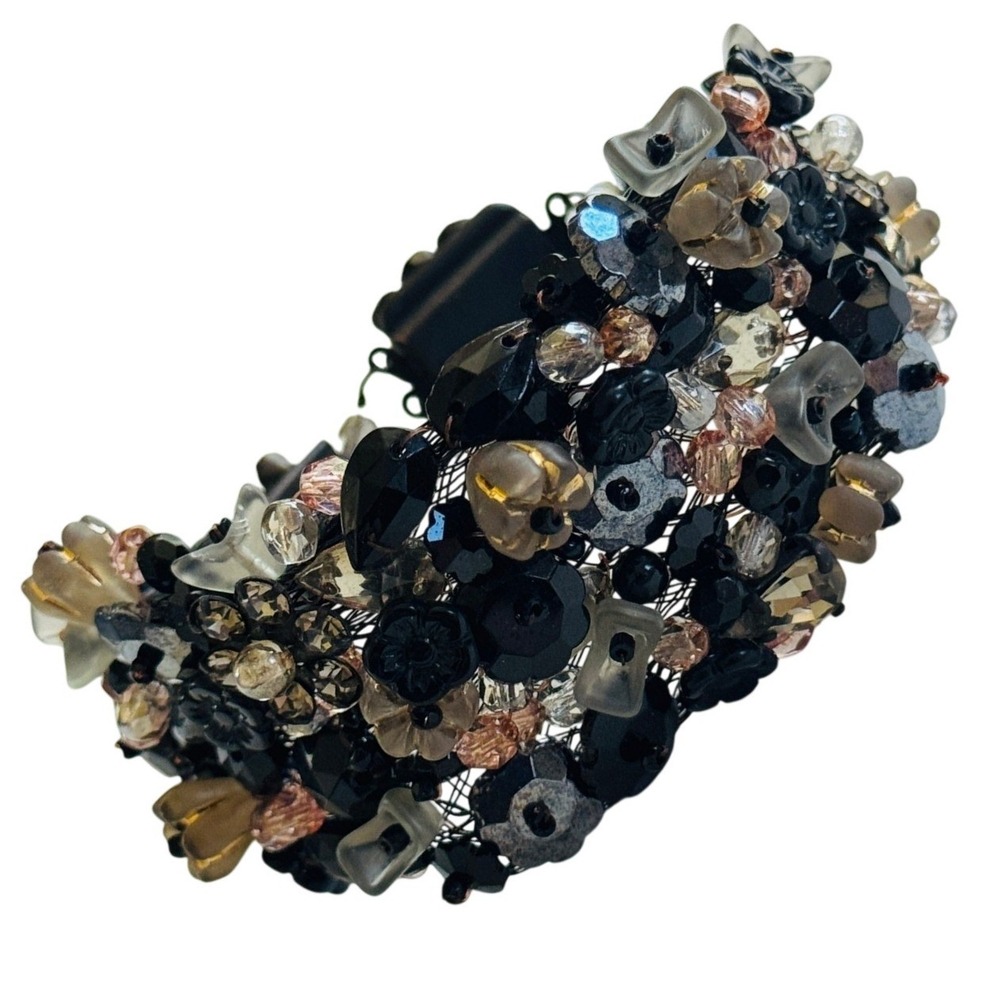 Floral Black beaded Crochet Wire Bracelet crystal quartz‎ glass Whimsigoth 7"